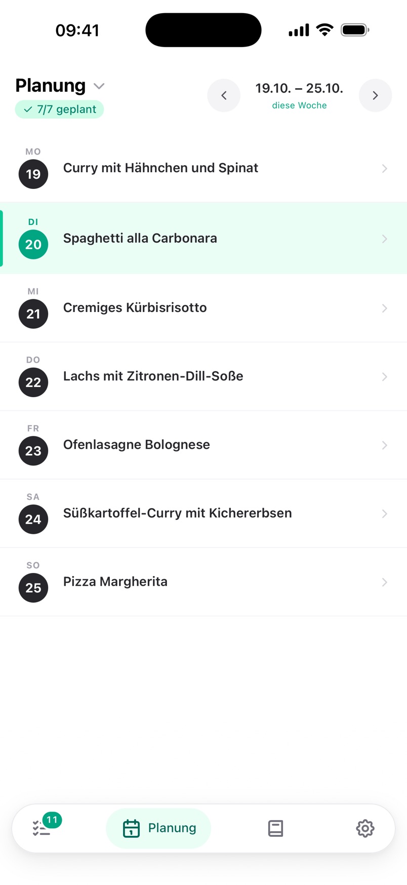 Wochenplan mit einem Rezept pro Tag
