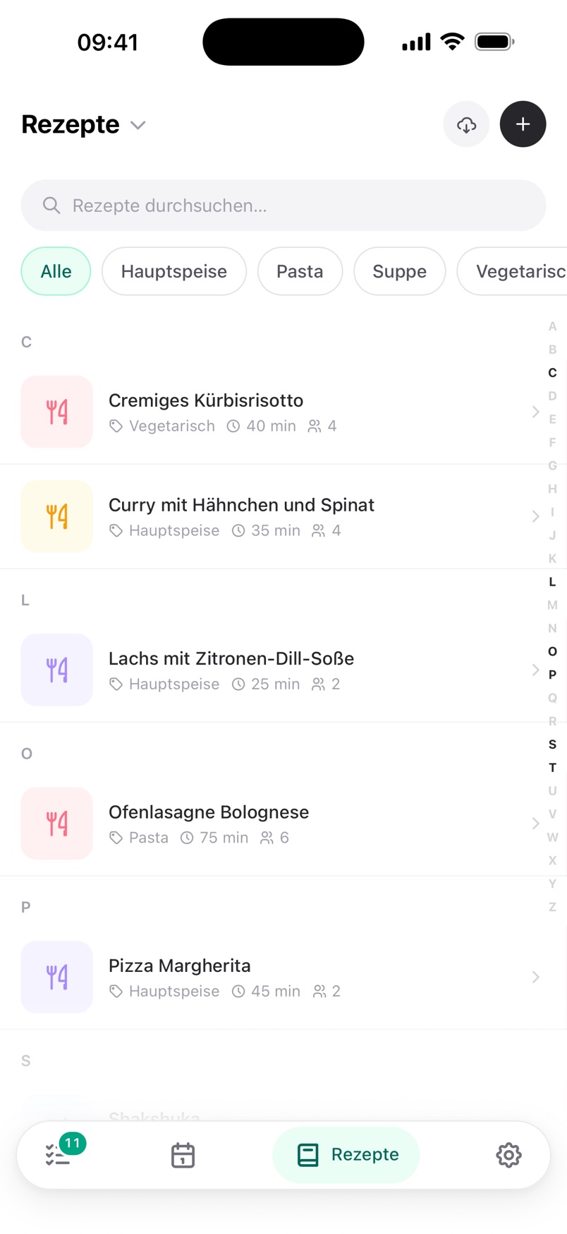 Rezeptbuch mit Kategorien